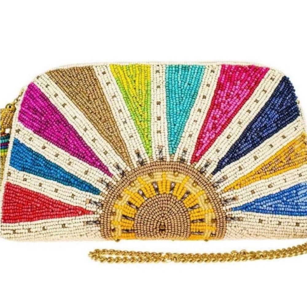 Mary Frances  Rise and Shine Sunburst Beaded bag with gold chain long strap